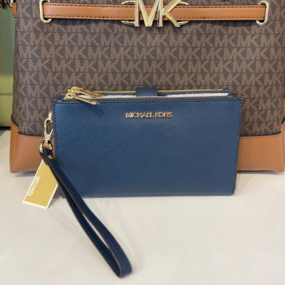 MICHAEL KORS LARGE DOUBLE ZIP WRISTLET WALLET PHONE CASE Navy NWT